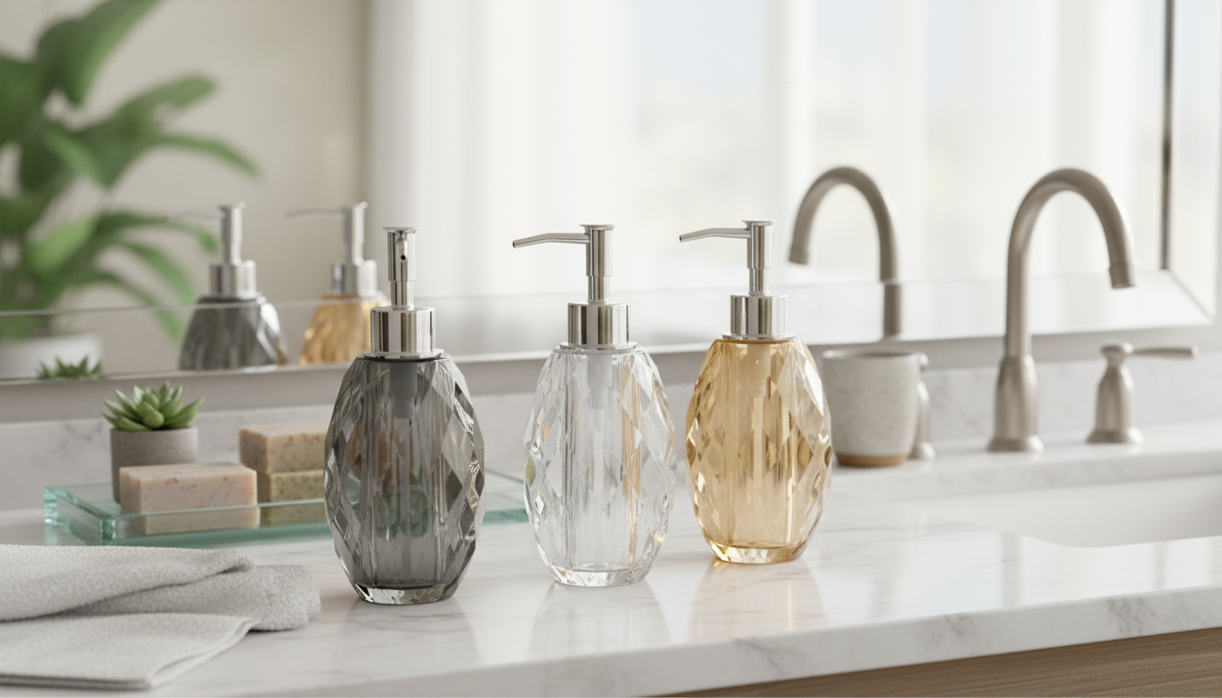 Crystal-Cut Glass Soap Dispenser for Bath & Kitchen