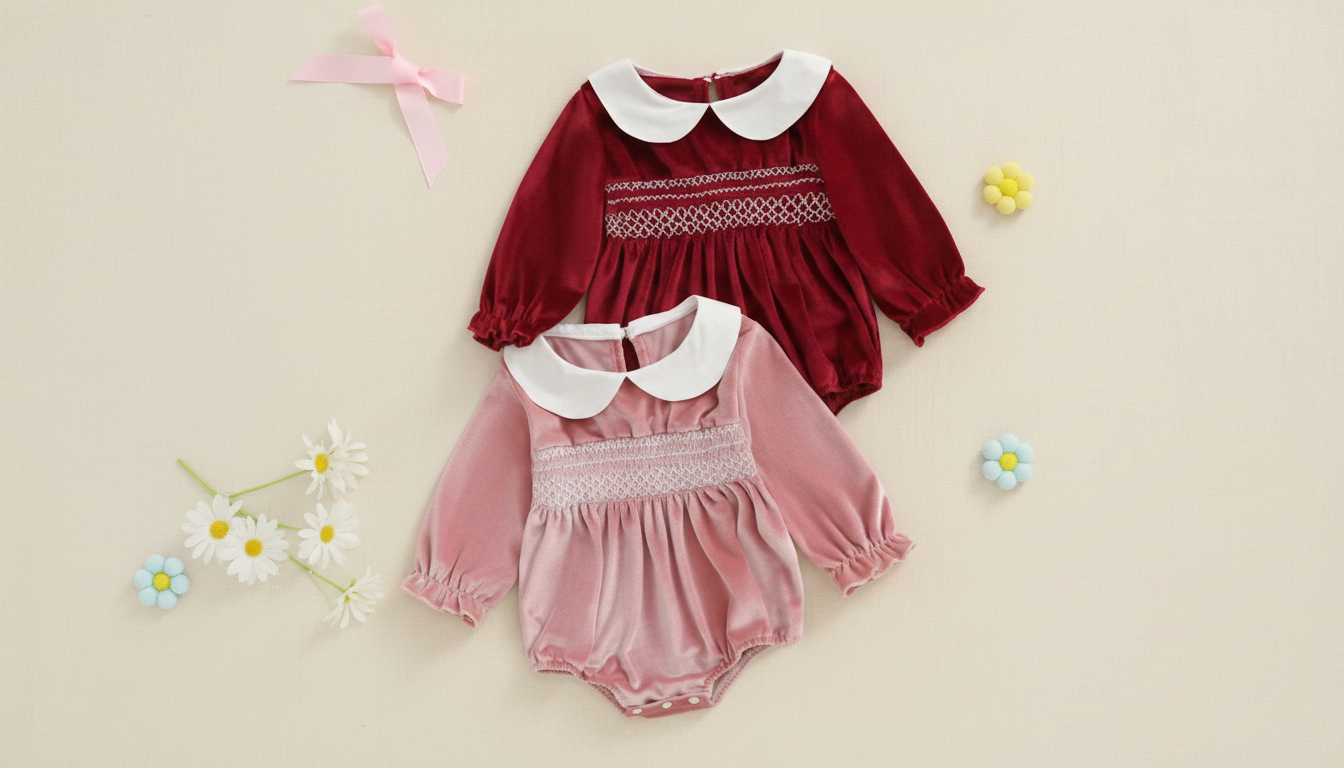 Velvet Baby Girl Romper: Doll Collar & Embroidery